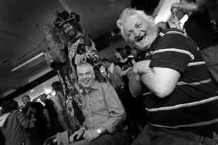 stilt walking in a pub